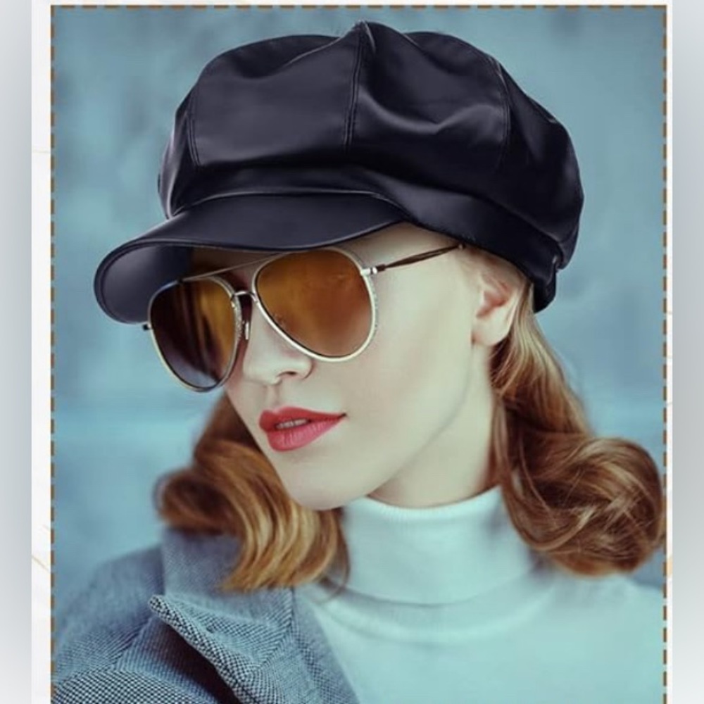 Black Newsboy Hats PU Leather Visor Beret Cabbie Hat 8 Panel Cap Faux…